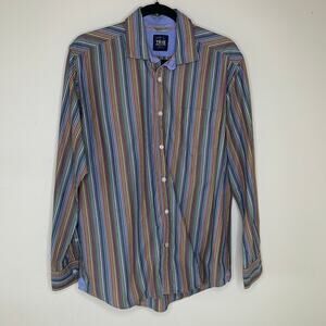 True Measure Striped Cotton Button Up Shirt Rainbow Sz Medium
